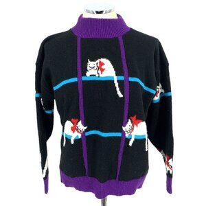 Spunky Women's Cat Sweater Sz L Vintage 90s Made In USA Acrylic Mock Turtleneck